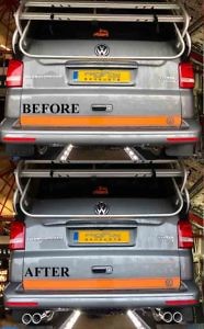 Proflow Stainless Steel Exhaust Middle And Rear Fitted To VW Transporter T5 Van Before After